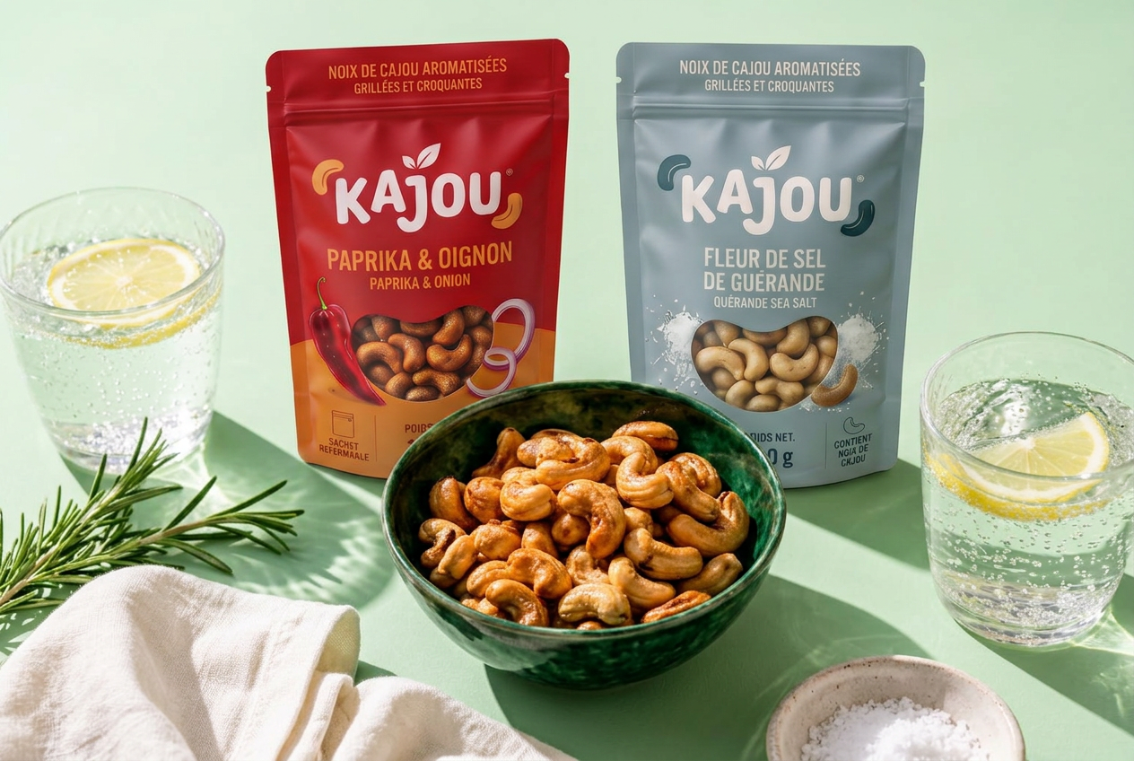 Packs KAJOU fleur de sel et paprika autour d’un bol de noix de cajou, avec des verres et du romarin