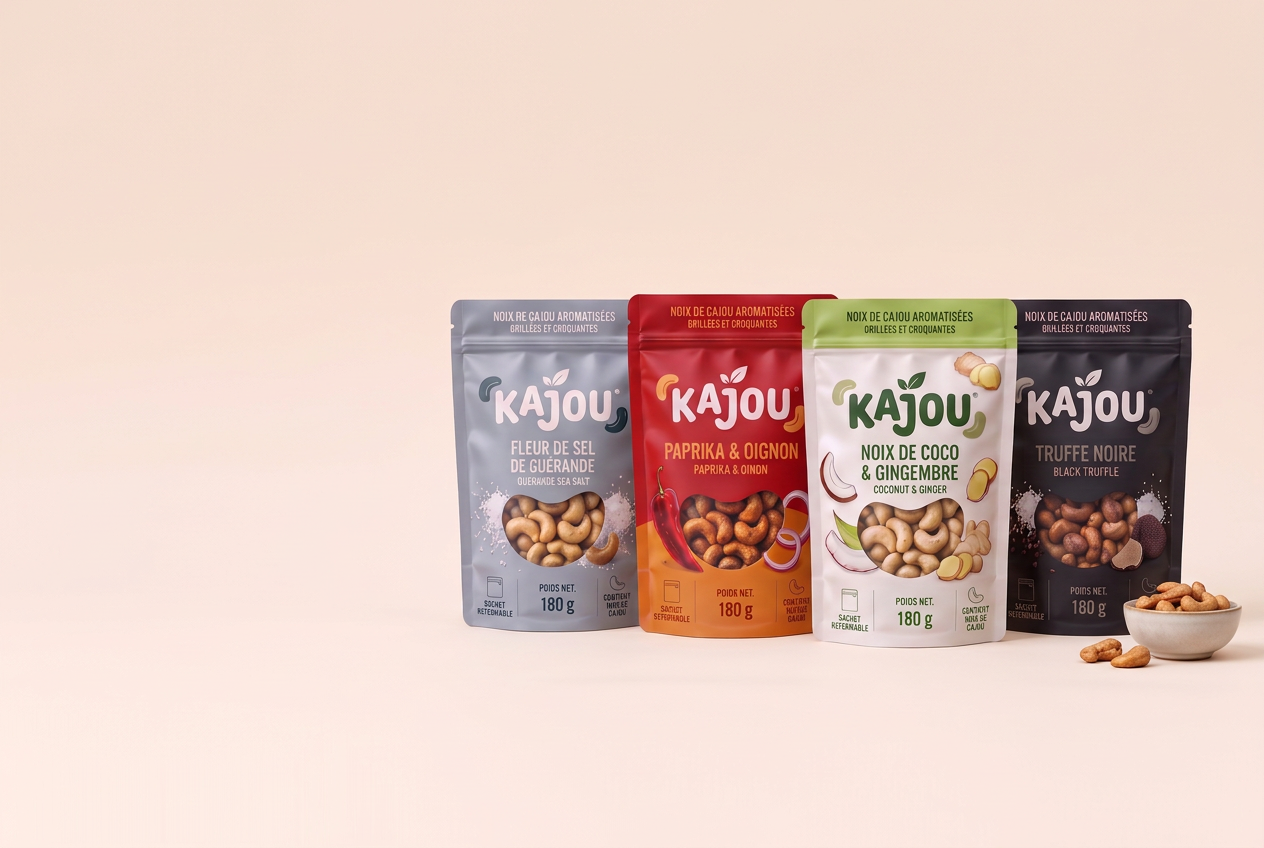 Les packs KAJOU photographiés en studio : fleur de sel de Guérande, paprika et oignon, noix de coco et gingembre, truffe noire